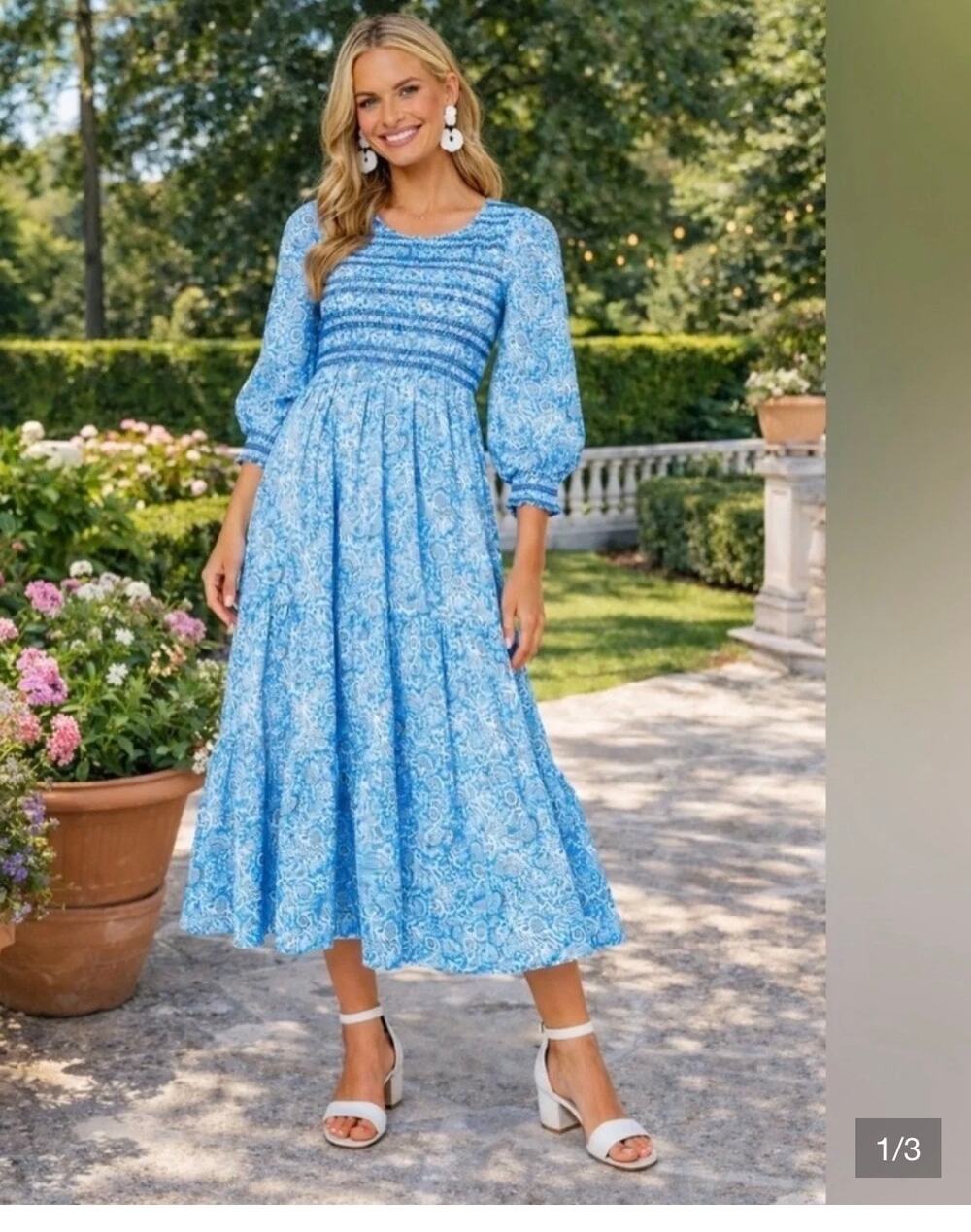 Pink City Prints Tuckernuck Isabel Smocked Midi Dress Ornate Sky Blue M